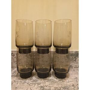 Set of 6 Pfaltzgraff Amber Etched Tumblers  Vintage Smoked Glass Floral Pattern